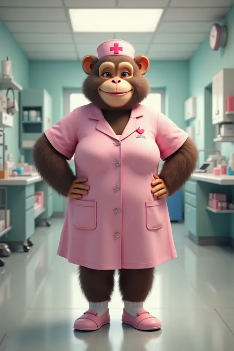 photorealistic portrait of Dressed animals - a ((fat)) (baby ape) nurse,(),(elegant pose:1.2),(furry),(hands on hips:1.2), (happy smile:1.5),(happy),high quality,(lovely) ,intricate details, highly detailed ((pink nurse clothes)), wearing nurse cap tops an...