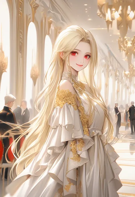 (Best quality, masterpiece), (elegant girl, 1 girl, solo, "white dress," Lots of frills, elegant dresses, golden embroidery, standing over her shoulder, "Straight platinum Blonde Hair," long hair, long tied Platinum Blonde hair, red eyes, smile lips, Close...