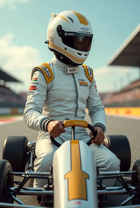 CREATE AN INSPIRATIONAL SPORTY BRAZILIAN KART PILOT WITH HELMET AND JUMPSUIT WITH WHITE COLORS AND GOLD DETAILS