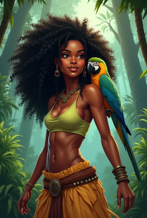 Femme noire tueuse de démons personnage principal.afro.Guadeloupe.jeune. sympathique . perroquet sur l'épaule gauche.style toie animation .pouvoir de la forêt. Cheveux afro Très Longs, 