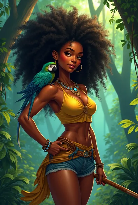 Femme noire tueuse de démons personnage principal.afro.Guadeloupe.jeune. sympathique . perroquet sur l'épaule gauche.style toie animation .pouvoir de la forêt. Cheveux afro Très Longs, 