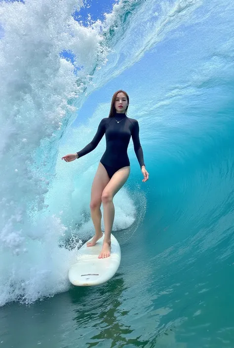 A beautiful woman in her 30s, fair skin, wearing a dark diving suit, is surfing on a violent wave. A full-length moving shot captures a beautiful woman balancing on a white surfboard, looking determined and focused. The tight-fitting dark diving suit accen...