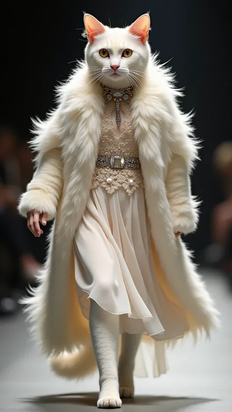 A cat confidently walks down the catwalk on its hind legs as a model wearing a chic fur coat, dress chiffon fabric feathers rhinestones mother of pearl lace,
lots of small details, jewelry, fabrics: velvet, chiffon A cat confidently walks down the catwalk ...