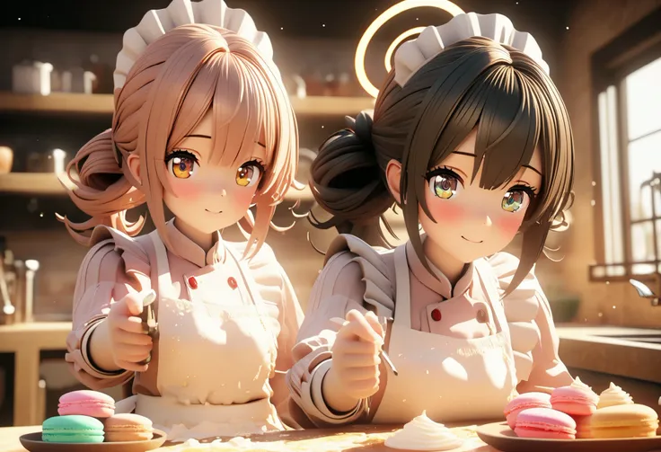  complex texture baking countertop {x} Q version cute girl dessert chef，3D Rendering， Blender style ， Super Fine Details （Garment folds、Icing texture 、Baking tools）， cute expression ， warm kitchen background ，Fluffy double ponytail， cute eyes ， cartoon pro...