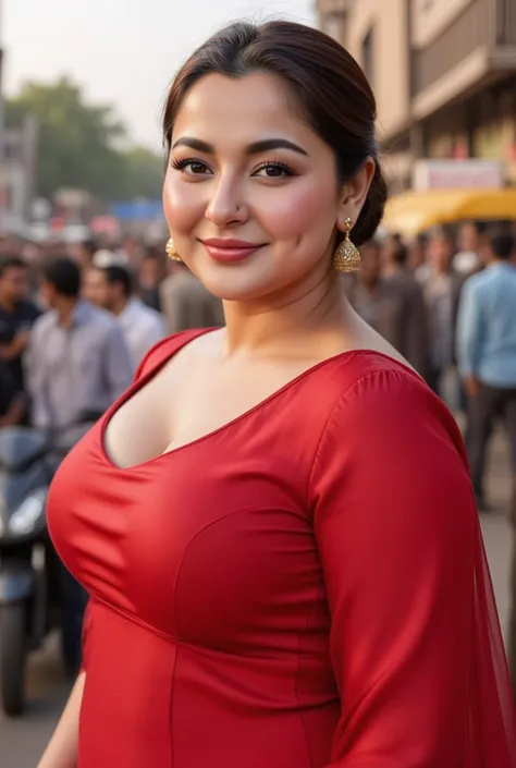  busty Pakistani (Hania Amir),(big breasts), candid photo of A Pakistani busty beauty  with satin red Saree, , busy Pakistani street, (tiny satin blouse with cleavage), (big cleavage:1.3), her eyes are on the road
