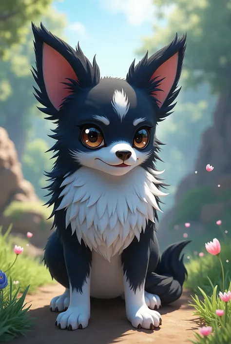 A Pokemon-style male black-and-white long-haired chihuahua 