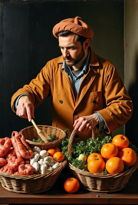 Make a pastis of the painting  " a Jew with oranges "  to be as close as possible to the original in terms of painting style as well as color scheme, chiaroscuro etc. ,  but in the baskets let there be meat products sausage fish and seafood and in the othe...