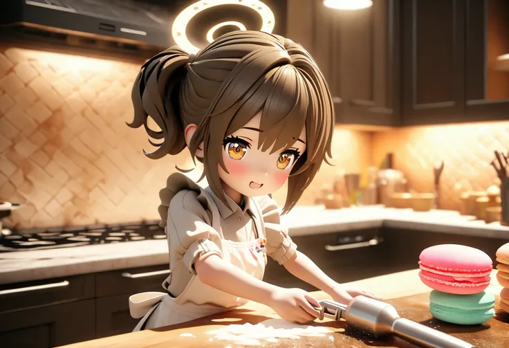  complex texture baking countertop {x} Q version cute girl dessert chef，3D Rendering， Blender style ， Super Fine Details （Garment folds、Icing texture 、Baking tools）， cute expression ， warm kitchen background ，Fluffy double ponytail， cute eyes ， cartoon pro...