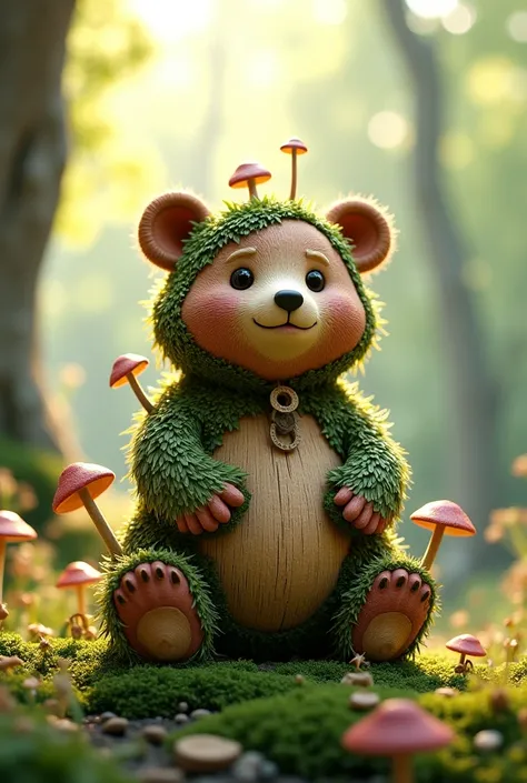 Small and cute bear character made of earth with wood chips and forest mushrooms growing on his feet 