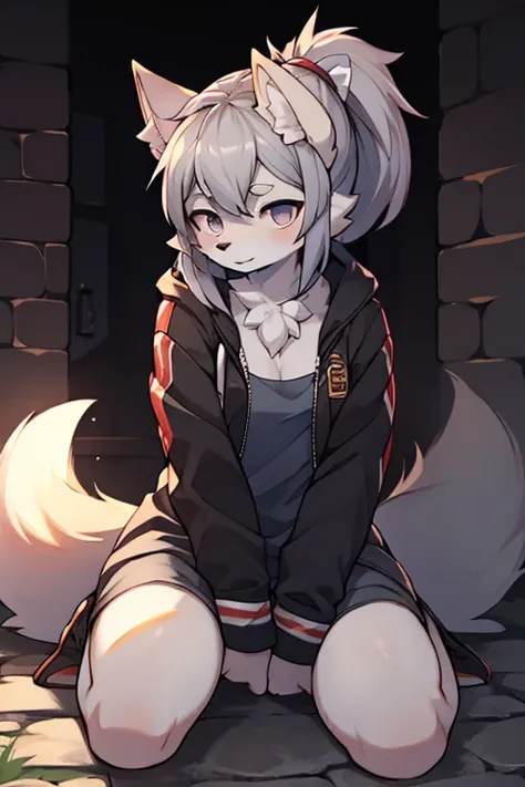 （background： Dungeon）furry， furry，Long silver ponytail hair ， gray hair ， white skin ，fox，A tattered jacket ， a dusty dress ， kneel and sit on the ground