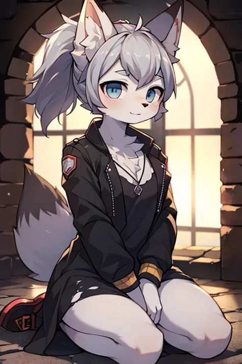 （background： Dungeon）furry， furry，Long silver ponytail hair ， gray hair ， white skin ，fox，A tattered jacket ， a dusty dress ， kneel and sit on the ground