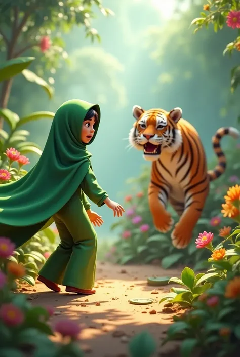 3d cartoon.  A 35-year-old woman wearing a long shari veil covering her black chest , in a green jumpsuit with a shocked expression when faced with a tiger 100 meters away . Background taman bunga.