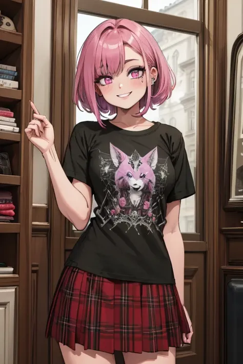 Perfect face. Perfect hands. A pink haired woman with violet eyes with an hourglass figure in a Gothic t-shirt and plaid skirt and a piercing and a cool wolf cut is working at a Gothic clothing store with a smile