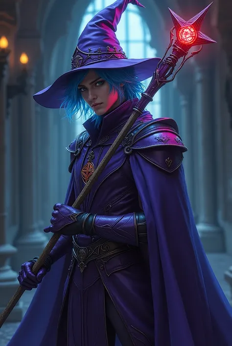 Create Devil May Cry  & Saint Seiya a handsome man with medium shimmering blue hair with sapphire blue eyes with shapely legs wearing a metallic purple wizard hat on his head with a red pentagram at the tip wearing shimmering purple metallic armor with bla...