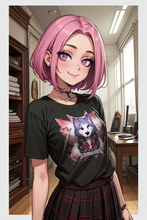 Perfect face. Perfect hands. A pink haired woman with violet eyes with an hourglass figure in a Gothic t-shirt and plaid skirt and a piercing and a cool wolf cut is working at a Gothic clothing store with a smile