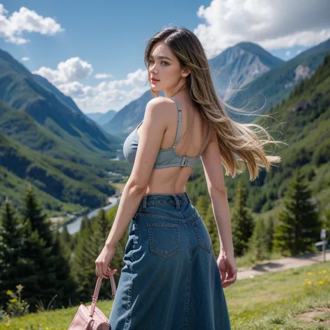 a woman in a dress standing on a hill, long hair, breasts, skirt, blonde hair, large breasts, underwear, ass, bra, denim, long skirt, blue bra, balloon, no shirt