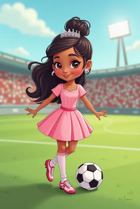 A quinceañera wearing her short quinceañera dress in pastel pink, And her soccer studs and soccer ball on a soccer field seeing her face on her own in a cartoon, And that I say in text My XV years Tatiana on the captain's badge