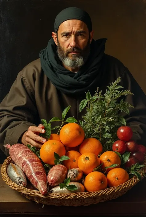 Make a pastis of the painting  " a Jew with oranges "  to be as close as possible to the original in terms of painting style as well as color scheme, chiaroscuro etc. ,  but in the baskets let there be meat products sausage fish and seafood and in the othe...