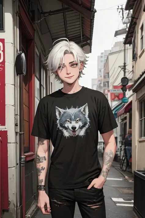 Perfect face. Perfect hands. A young white haired man with ruby eyes with a cool haircut in a Gothic t-shirt and black jeans and a piercing and a cool wolf cut is working at a Gothic clothing store with a smile