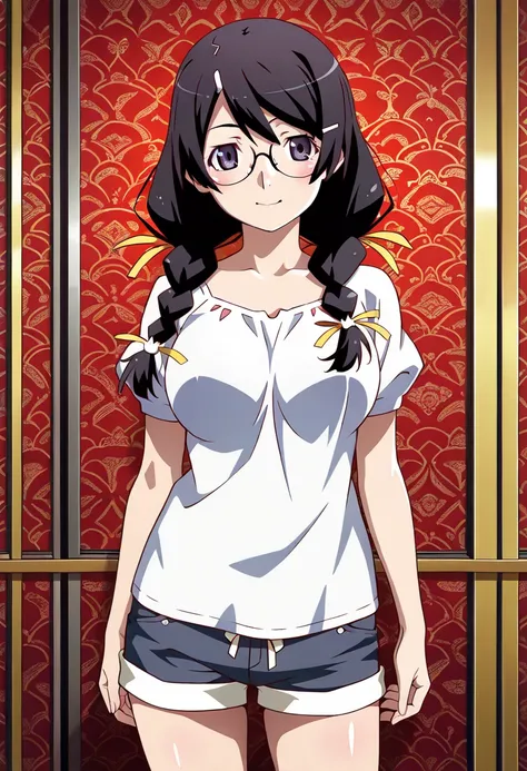 masterpiece,best quality,official art,wallpaper,absurdres, beautiful detailed face,detailed texture,detailed skin,manga style,sharp line,detailed BREAK 1girl,tsubasa hanekawa, bakemonogatari,source_bakemonogatari, black twin braids hair,glasses, shirt,shor...