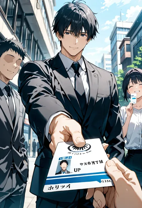 score_9, score_8_up, score_7_up, source_anime, 1boy, short hair,((faceless man:1. 6, muscular with black short hair)), business suit, ((giving business card)), cheerful expression, outdoors,masterpiece, best quality,
