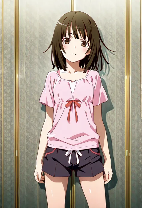 masterpiece,best quality,official art,wallpaper,absurdres, beautiful detailed face,detailed texture,detailed skin,manga style,sharp line,detailed BREAK 1lady,nadeko sengoku, bakemonogatari,source_bakemonogatari, black short hair, shirt,shorts,room