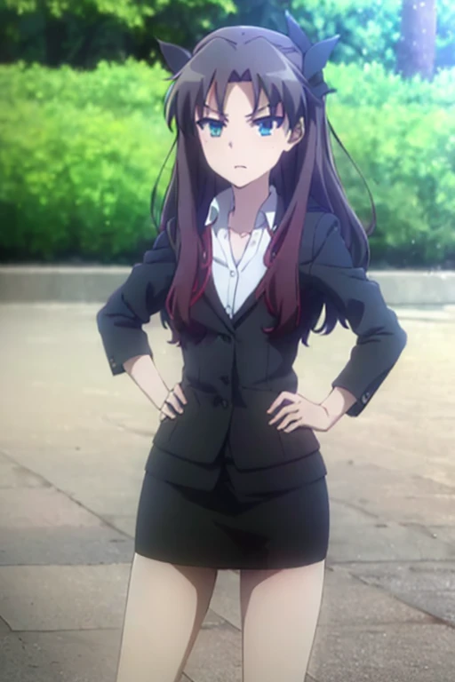 (best quality:1.3), (masterpiece:1.3), anime, rin tohsaka, 1girl, suit, black skirt, pencil skirt, black blazer, light blue shirt, collared shirt, black hair, blue green eyes, looking at viewer, age 15, conference