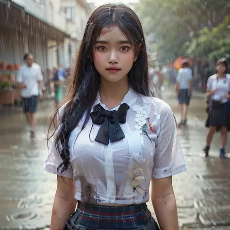 realistic art, there is a woman large breast in a indonesian school uniform standing in the rain, wet used shirt, pretty girl standing in the rain, after rain and no girls, raining, girl wearing uniform, in the rain, thai girl, raining award winning photo,...