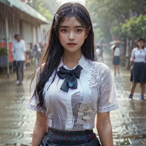 realistic art, there is a woman large breast in a indonesian school uniform standing in the rain, wet used shirt, pretty girl standing in the rain, after rain and no girls, raining, girl wearing uniform, in the rain, thai girl, raining award winning photo,...