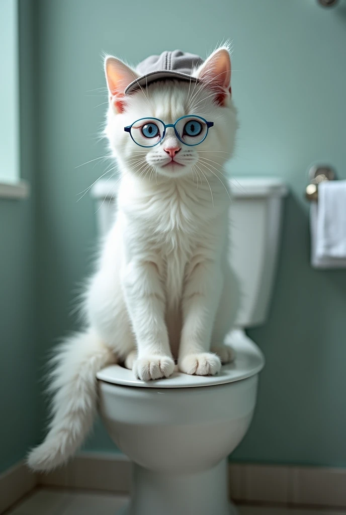 A majestic sad anthropomorphic white kitten sitting on a toilet, with his pants down between his legs, a cap on his head, blue eyes, transparent glasses with blue frames, thoughtfully looking at the camera the kitten's hard work in difficult conditions, cr...