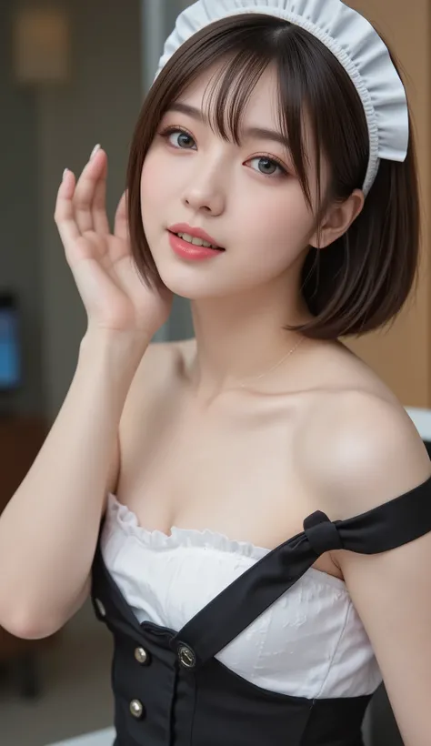   table top ,   top quality, shape, 非常に  Detailsな,   Details,    high definition  ,  8k wallpaper,   perfect dynamic composition,    beautiful details  ,    Natural Lips, gothic maid dress,   small breasts,   RAW Photo ,K-POPアイドルのface, cute, face，,((  rand...