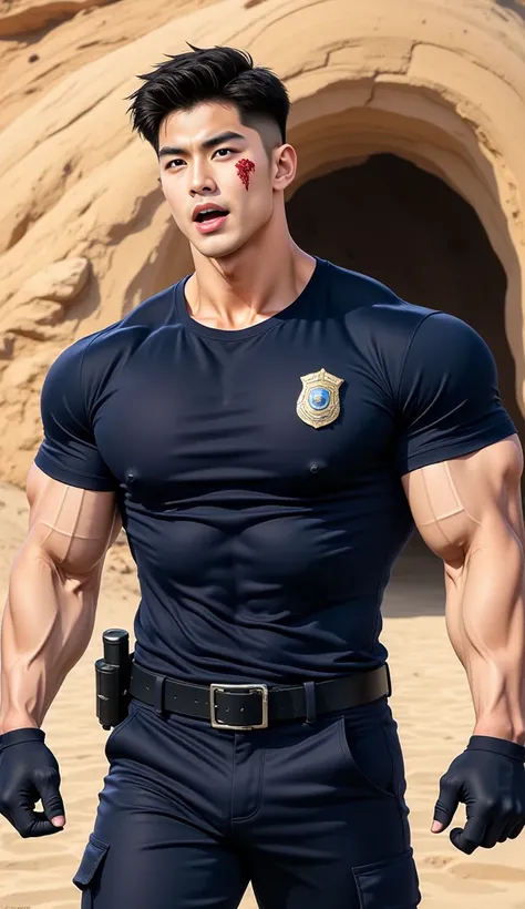 An anime-style illustration, 1 handsome man, (with a ripped shirt:1.8), short hair, crew cut hair, wear a fitted round neck t-shirt, solid blue t-shirt, with a police badge, Navy Cargo pants, black gloves, Korean guy, chest muscles, large arm muscles, bloo...