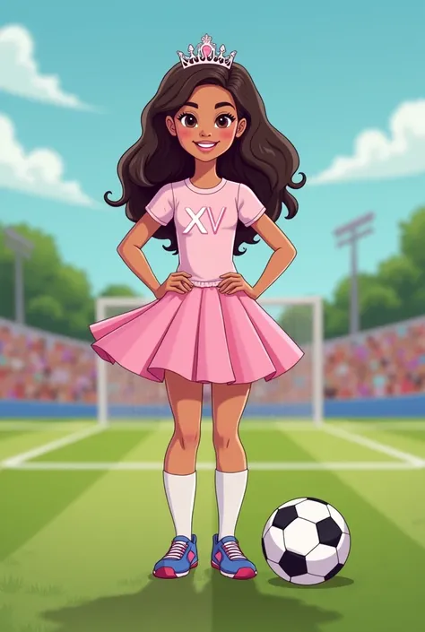 A quinceañera wearing her short quinceañera dress in pastel pink, And her soccer studs and soccer ball on a soccer field seeing her face on her own in a cartoon, And to say in text My XV years Tatiana on her t-shirt