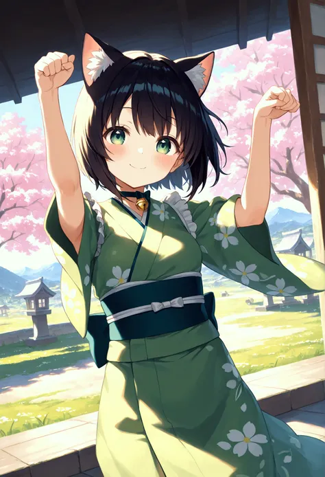 very awa, masterpiece, best quality, newest,  highres, absurdres、 1 、Cat girl、 short hair、 small breasts 、 dark hair、smile、Village with a snowy landscape 、Cherry Tree、Bell Choker、Green kimono、 girl standing 、 cat pose、blush