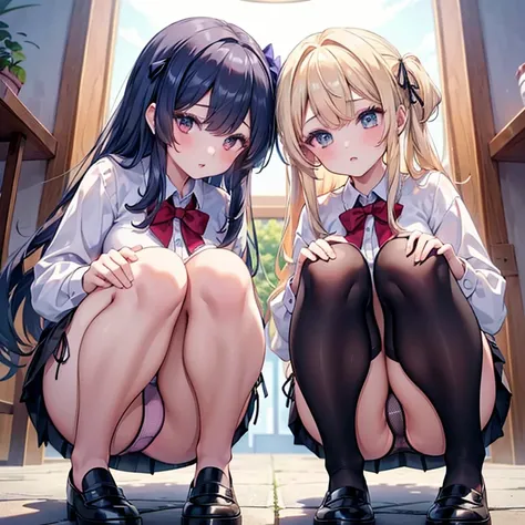 (( top quality))、(( Masterpiece))、( Details)、( super high resolution)、
(((Two girls are crouching side by side)))、
uniform、 collared shirt 、 bow tie、 pleated skirt、 knee socks、 loafers 、
(( panties:1.3)、(Fully exposed)、 pantiesー:1.5)、(Crouch:1.3))、
 Questi...