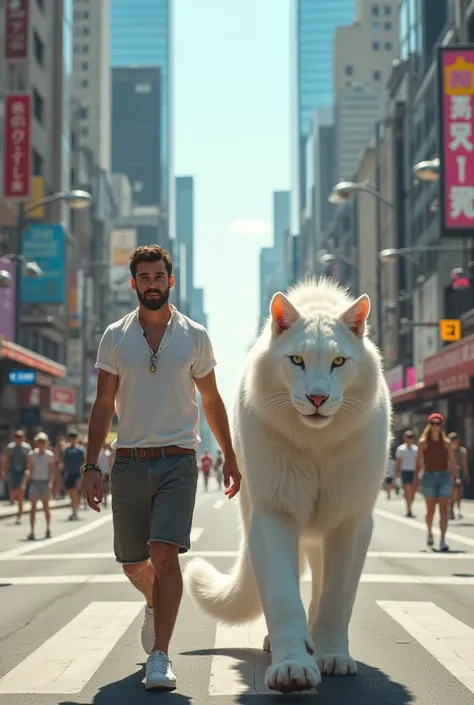 A man walks alongside a white haromau in the middle of the city walking in tandem