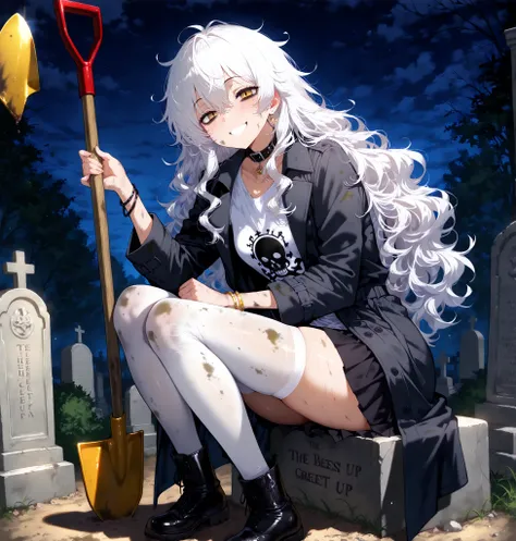  cemetery ,  night, luz de luna, ( masterpiece), (The best quality : 1.2), Detail, ( style : 1.4), ( Long hair,  white hair,  wavy hair, messy hair),  small breasts, (black trench coat),  loose white t-shirt dirty and broken,  white t-shirt without design,...