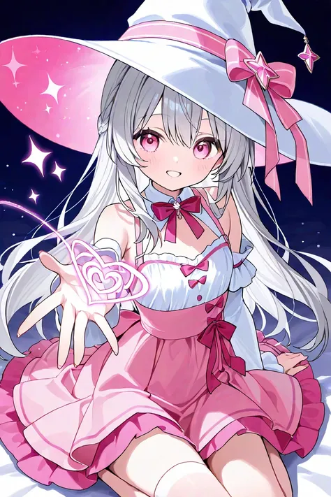 witch、witch帽子、 cute girl、Young、Gray Hair、 eyes are pink 、 magic 、 White and Pink Clothes 