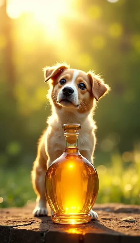 A dog and liqued golden bottle in one image which are seperate