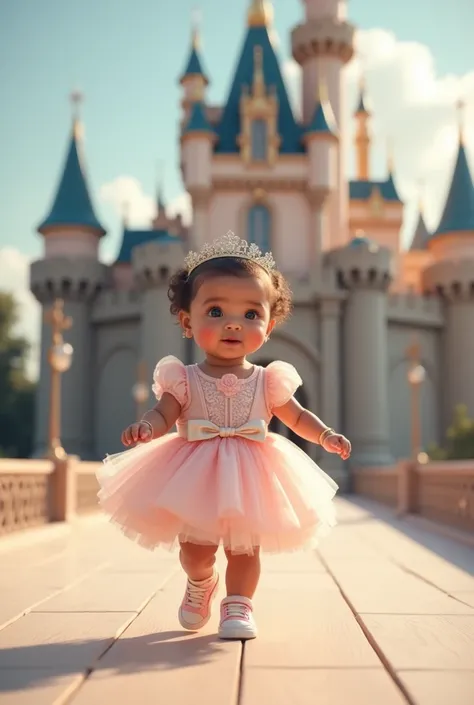 An 18-month-old baby girl dressed as a princess, wearing a tiara, a frilly dress, and matching sneakers, elegantly walking down a runway with a castle background.