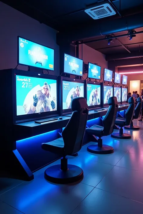 A playstation set up for commercial use with eight screens each having a seat in front. The playstation set up should also include a reception and waiting area