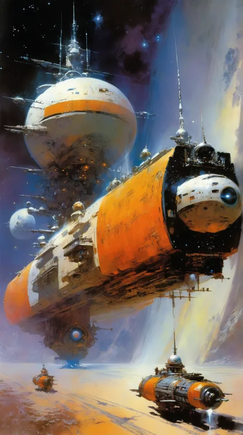 John Berkey Style - John Berkey, spcae ships, crafts, sci fi, 2 large spaceships, At the farthest known point of our universe, a sector of space like no other resided. Ever quiet and motionless, seemingly paused in a single moment in time, the nebula shone...