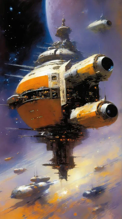 John Berkey Style - John Berkey, spcae ships, crafts, sci fi, 2 large spaceships, At the farthest known point of our universe, a sector of space like no other resided. Ever quiet and motionless, seemingly paused in a single moment in time, the nebula shone...