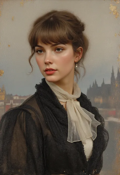 Create a Monet-style impressionist oil painting of a French girl from the late 19th century. The girl should have a slim figure, with parted bangs, and be dressed in typical Parisian women's fashion of that era. The portrait should be a close-up, cowboy-sh...