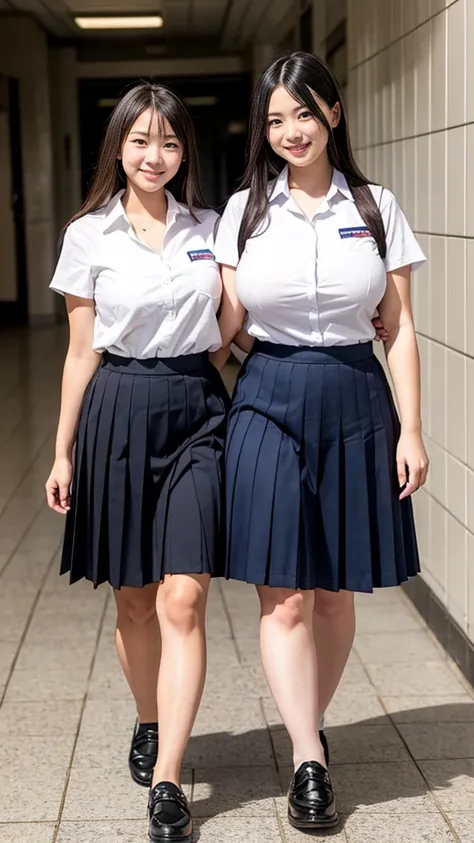 Close up view of two beautiful high school girls with super huge breasts and wearing thick thigh uniforms walking side by side in the school hallway,  pleated skirt,  Leather Shoes 