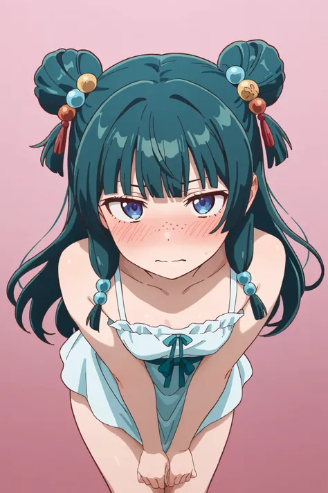 NSFW, Masterpiece, top quality, high resolution, very detailed,maomao、 long hair、bangs、 blue eyes、 hair ornament、 green hair、鈍いbangs、Freckles、 bun hair、 single bun, dress ,Embarrassed,blush