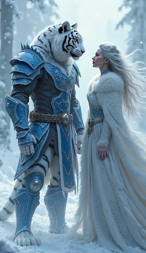 The Frost Tiger and the Winter Empress – A humanoid white tiger warrior, dressed in icy blue and black armor, stands beside a regal woman with silver hair and a fur-lined cloak.