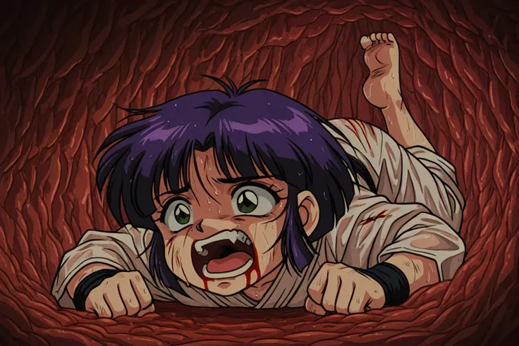 1girl, solo, (tendoakane,dougi, retro artstyle, short hair, bangs, sidelock),, obra maestra, mejor calidad, alta resolución, 8k,, inside a stomach, stomach interior, scared face, full body shot, wet, wide open mouth, (open mouth 3.0), screaming, barefoot, ...