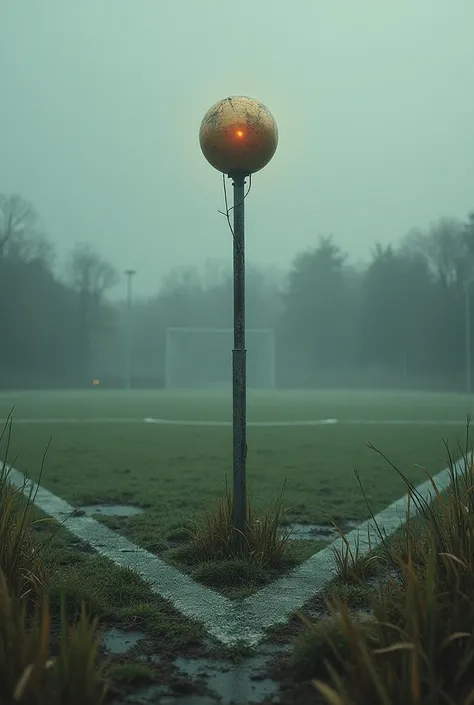 Abandoned soccer field , But instead of the goals there is a pole with some kind of ball on it, Show the entire field