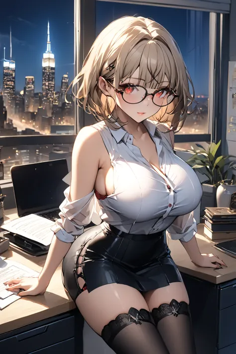  1 woman、 big breasts、 light brown hair、 an urban, sophisticated, and sexy office lady poses attractively in the office。 She's wearing a tight white blouse and slightly buttoned shirt 、 A tight black skirt emphasizes a beautiful body line 。 wears black sto...